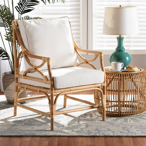 Baxton Studio bali Brandon Modern Bohemian Armchair - White Upholstered Rattan Chair for Relaxed Tropical Vibes Brandon-Rattan-Armchair