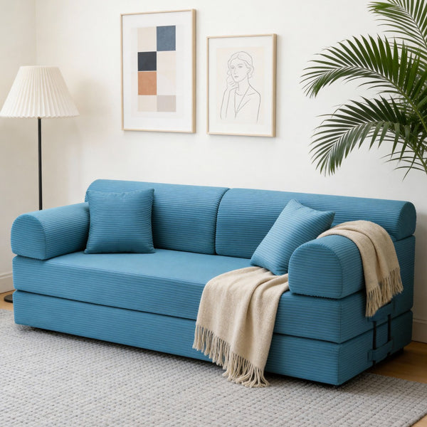 English Elm Convertible Corduroy Floor Sofa Folds Flat as Sleeper Daybed for Studio Living Sky Blue W5532P438822