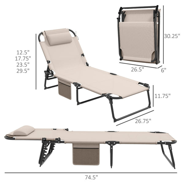 English Elm Outsunny Reclining Outdoor Chaise Lounge with Mesh Base Tufted Cushion and Side Pocket Beige W2225P174369