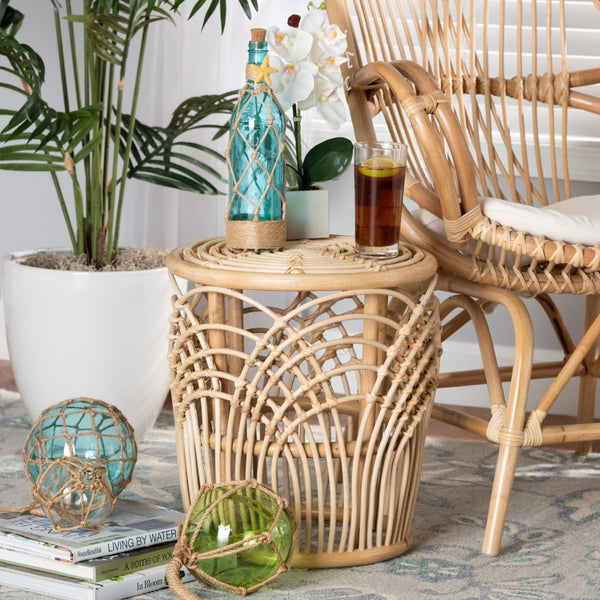 Baxton Studio bali Edena Modern Bohemian Rattan End Table - Natural Brown Drum Accent Table for Small Spaces RT009-Rattan-ET