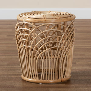 Baxton Studio bali Edena Modern Bohemian Rattan End Table - Natural Brown Drum Accent Table for Small Spaces RT009-Rattan-ET
