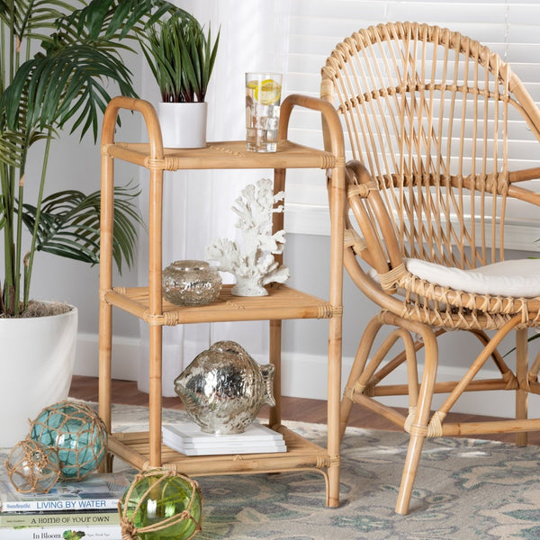 Baxton Studio bali Natural Rattan 3-Tier Display Shelf - Modern Bohemian Charm for Home Décor & Organizing Needs RBS014-Rattan-Shelf