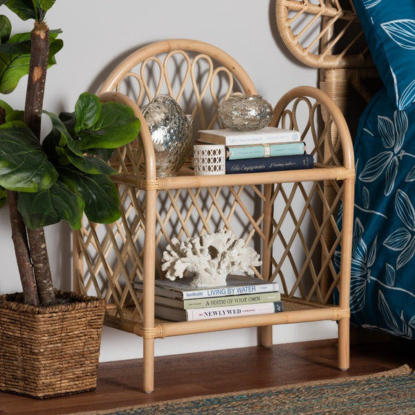 Baxton Studio bali Bali Hammond Modern Bohemian Natural Rattan 2-Tier Display Shelf for Stylish Home Décor & Storage RBS016-Rattan-Shelf