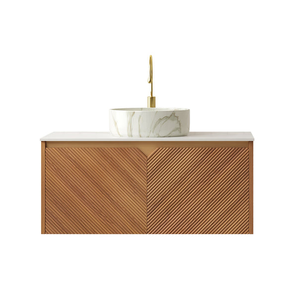 English Elm RUBEN 36" Wall-Mounted Brown Oak Vanity with Carrara Countertop, Soft-Close Doors, Modern Trim W2615P303717