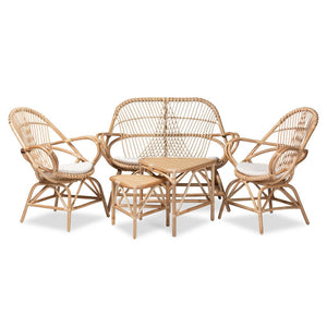 Baxton Studio Baxton Studio Jayden 5-Piece Modern Bohemian Rattan Living Room Set with White Upholstered Cushions Jayden-Rattan-5PC Living Room Set