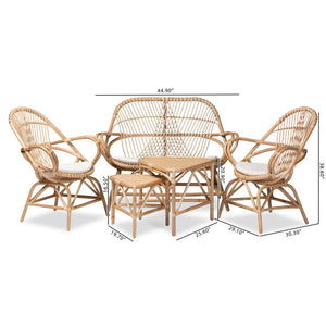 Baxton Studio Baxton Studio Jayden 5-Piece Modern Bohemian Rattan Living Room Set with White Upholstered Cushions Jayden-Rattan-5PC Living Room Set