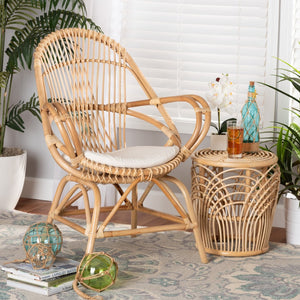 Baxton Studio bali Bali Jayden Modern Bohemian Rattan Accent Chair with White Upholstered Cushion for Cozy Living Spaces Jayden-Rattan-CC