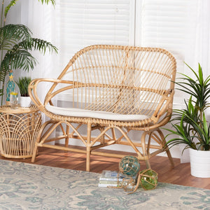 Baxton Studio bali Bali Jayden Modern Bohemian Loveseat - White Upholstered Rattan Seating for Cozy Tropical Spaces Jayden-Rattan-LS