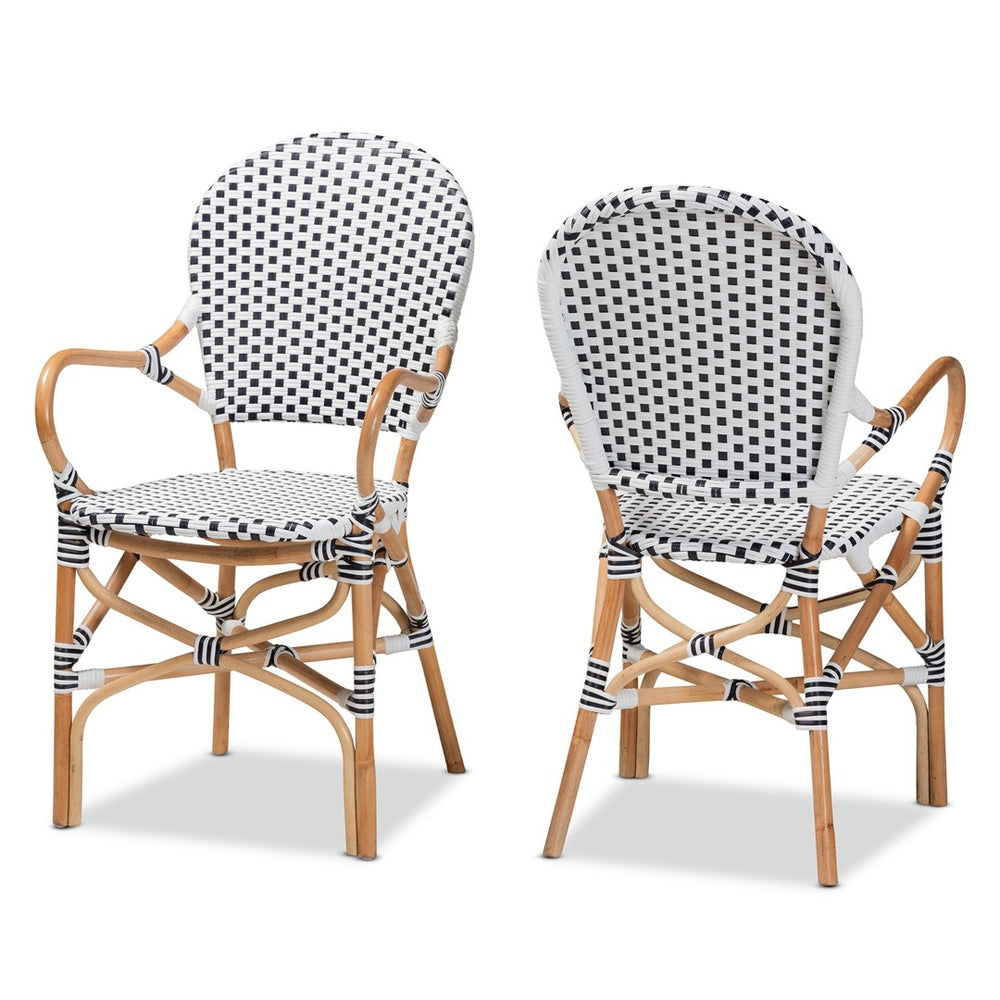 Baxton Studio bali Naila Bistro Chair Set - 2-Piece Black & White Weaving with Natural Rattan for Indoor/Outdoor Use DC613-Rattan-DC Arm