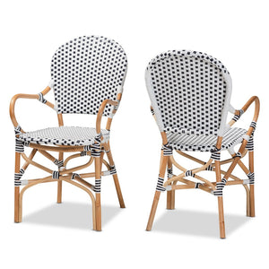 Baxton Studio bali Naila Bistro Chair Set - 2-Piece Black & White Weaving with Natural Rattan for Indoor/Outdoor Use DC613-Rattan-DC Arm
