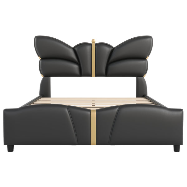 English Elm Christopher Knight Home® - Full Upholstered PU Leather Bed Frame with Butterfly Headboard, Gold Accents, Solid Wood Platform Black 78.25 L x 10 W x 3.25 H N761S0000018B