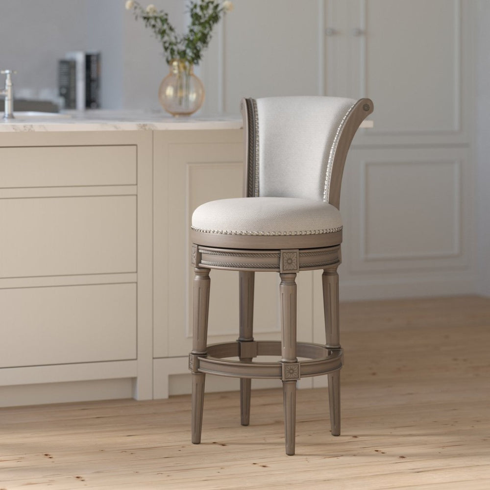 English Elm 26in. Wood High-back Swivel Barstool Farmhouse Style Nailhead Upholstered Kitchen Seat Gray B2751P436431