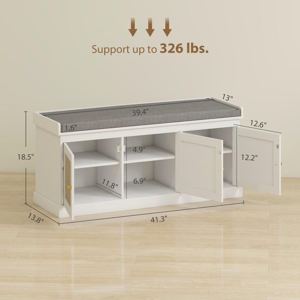 English Elm Shoe Storage Bench with Rattan Cabinet Doors Oak Frame Cushioned Entryway Seat T3971P405347