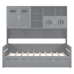 English Elm Twin Size Wooden Daybed With Trundle, Integrated Storage Cabinet & Shelves For Kids' Rooms, Gray N820S00026E-GIGA