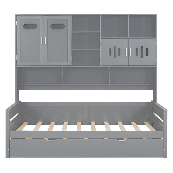 English Elm Twin Size Wooden Daybed With Trundle, Integrated Storage Cabinet & Shelves For Kids' Rooms, Gray N820S00026E-GIGA