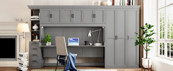 English Elm Twin Murphy Wall Bed with Integrated Desk Wardrobe and Storage Cabinet in White LP000767AAE