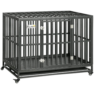 English Elm Pawhut Steel Dog Kennel with Lockable Casters Slide Trays and Anti-pinch Floor Grid W2225P217155