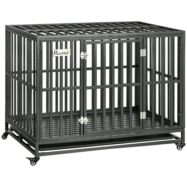 English Elm Pawhut Steel Dog Kennel with Lockable Casters Slide Trays and Anti-pinch Floor Grid W2225P217155