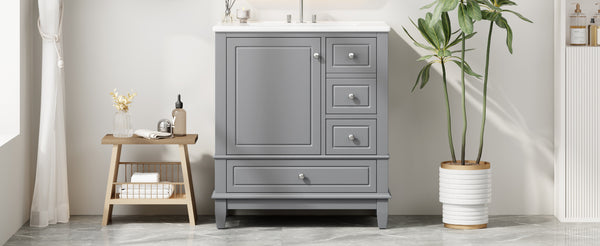 English Elm Christopher Knight Home® - 30" Freestanding Bathroom Vanity with Ceramic Sink, Soft-Close Door, Gold Knobs & 3 Drawers, Durable Painted Finish Grey N759P225994E