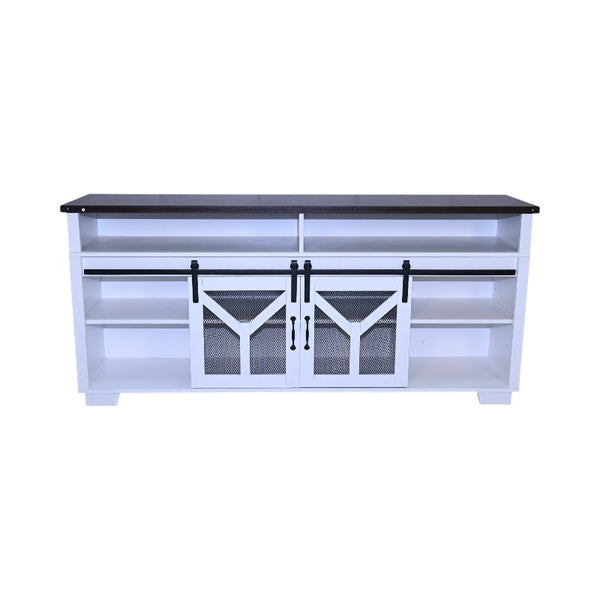 English Elm 65.3" TV Stand with LED Ambience, Sliding Iron Mesh Barn Doors, Y-Accent Rustic Farmhouse Storage White+Walnut W1412P271798