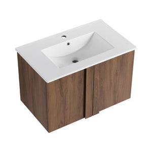 English Elm 30" Floating Bathroom Vanity Dark Oak Cabinet Ceramic Sink Open Shelf Soft Close Brown Ebony,Glossy White W3450P435839