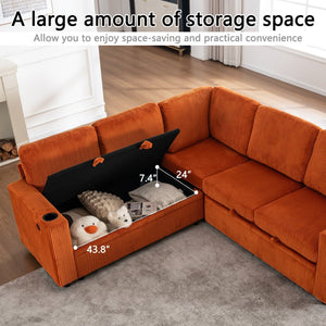 English Elm Sectional Corduroy Sleeper Sofa with Storage and Charging Ports for Small Spaces Orange W1361S00076