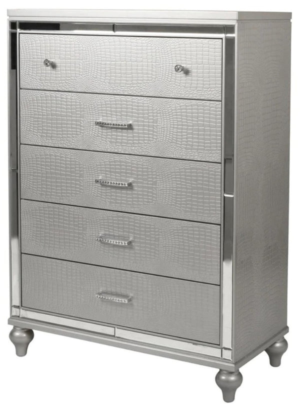 English Elm Glam Silver Five Drawer Chest with Snakeskin Embossed Fronts and Sculptural Gourd Legs B011P448867