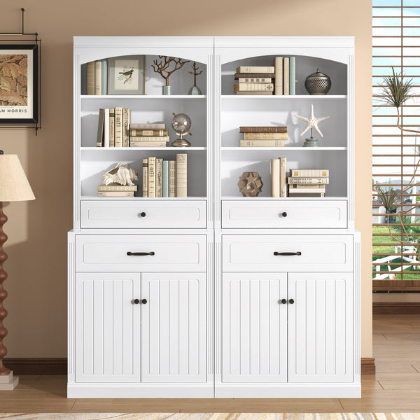 English Elm White Bathroom Storage Cabinet with Zinc Knob Doors, 4 Drawers, 6 Open Shelves & Adjustable Tiers for Organized Space (63"x10.8"x78.7") N725S252486K