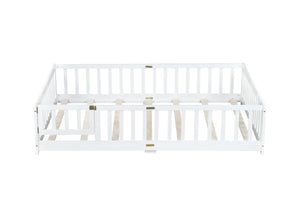 English Elm Full Size Floor Bed With Safety Guardrails & Convenient Door, Eco-Friendly Rubberwood Design In White W504P286379