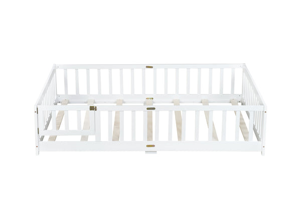 English Elm Full Size Floor Bed With Safety Guardrails & Convenient Door, Eco-Friendly Rubberwood Design In White W504P286379