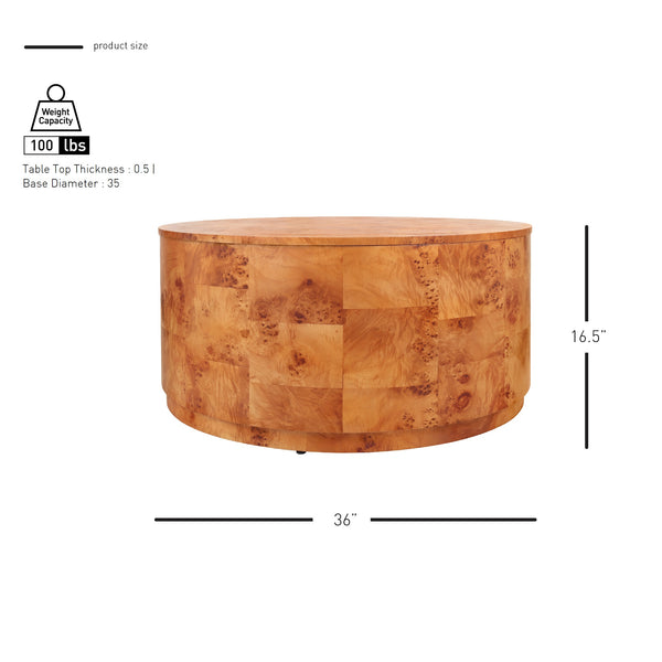 New Pacific Direct Arsenio Burl Wood Round Coffee Table - Unique Patterns, Modern Sophistication For Stylish Living Spaces Golden Brown Burl  1270010-go-npd