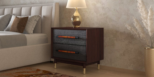 New Pacific Direct Callan Elegant Nightstand With 2 Drawers - Tri-toned Walnut, Black & Burl Wood, Gold Legs Dark Walnut  1270014-npd