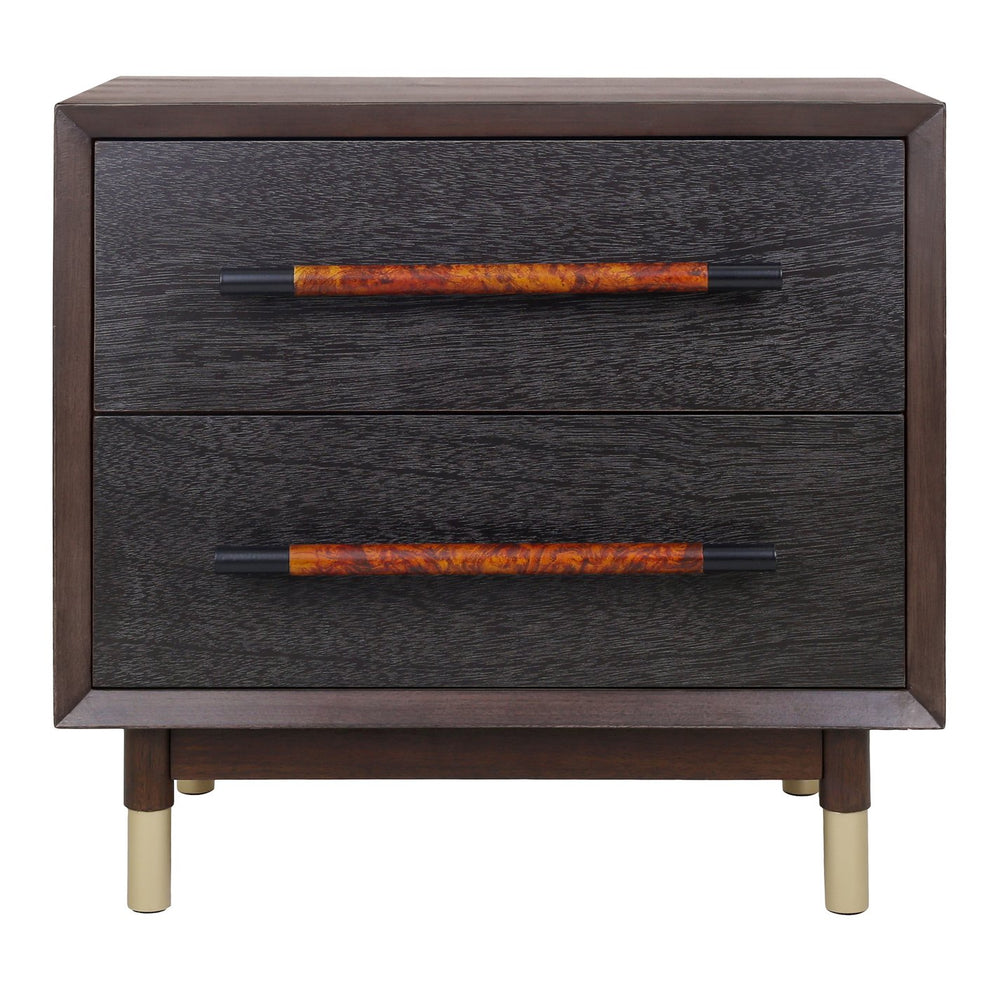 New Pacific Direct Callan Elegant Nightstand With 2 Drawers - Tri-toned Walnut, Black & Burl Wood, Gold Legs Dark Walnut  1270014-npd