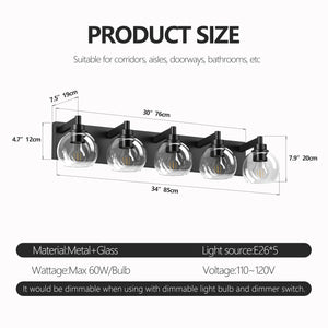 English Elm Bathroom Light Fixtures - 5-Lights Modern Black Vanity Sconce With Clear Glass Shades For Glam Spaces W1340P353041