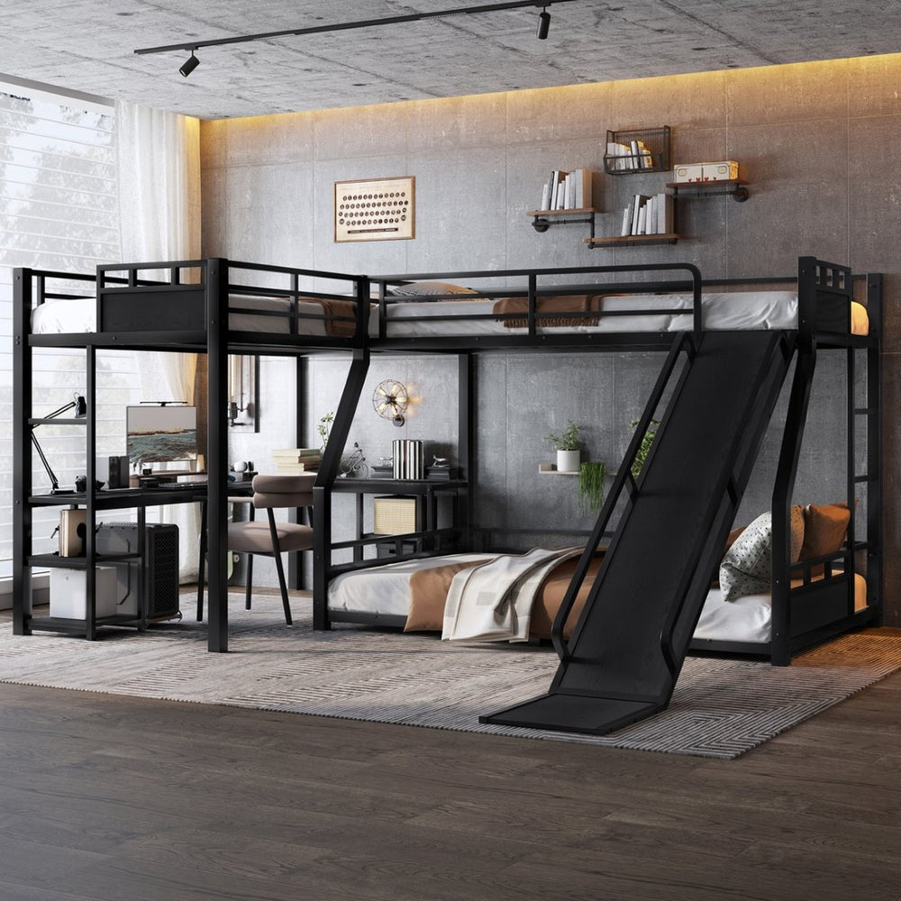English Elm L-shaped Metal Triple Bunk Bed with Slide Desk and Storage for Shared Kids Rooms W1580S00568
