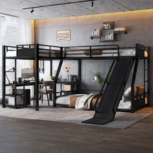 English Elm L-shaped Metal Triple Bunk Bed with Slide Desk and Storage for Shared Kids Rooms W1580S00568