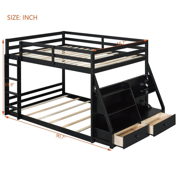 English Elm Full Bunk Bed with App Led Lighting Usb Charging Storage Drawers Kids Bedroom Black N820S00080B