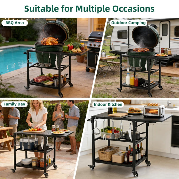 English Elm Outdoor Kamado Grill Cart with Folding Prep Surface Hooks Wheels and Storage Shelf W3190P416753