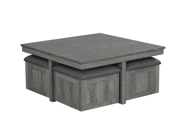 English Elm 5pc Faux Marble Lift Top Coffee Table Set with Four Fabric Storage Ottomans in Grey B011P427263