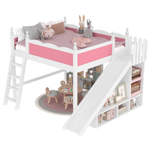 English Elm Queen Loft Bed With Fun Slide, Storage Shelves, Solid Wood Construction, Pink & White Finish, Easy Assemble W1580S00248-GIGA