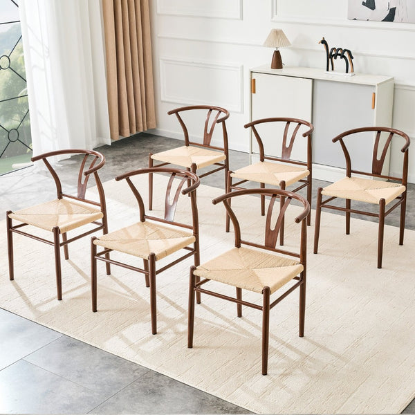 English Elm Wesborn Wishbone Iron Dining Chair Set of 6 with Hand Woven Rope Seat Medieval Style Brown W2920S00140