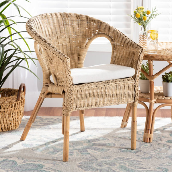 Baxton Studio bali Abbey Bohemian Natural Rattan Dining Chair - Handcrafted Comfort with Plush Cushion & Unique Style 12717-Rattan-DC