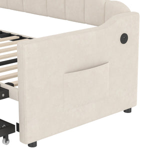English Elm Upholstered Twin Daybed with Pop-Up Trundle, Built-In USB Type-C Charger, Side Pockets, Velvet Frame Beige 77.25 L x 17.25 W x 5.31 H N733S285118A