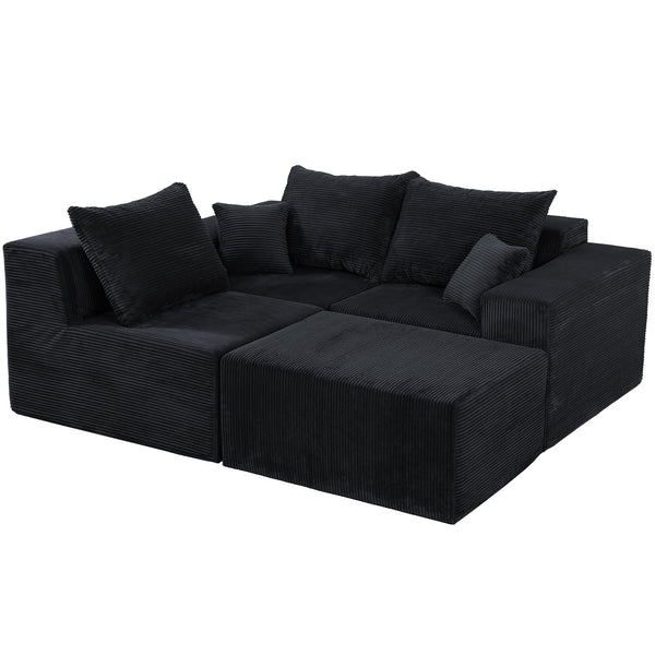 English Elm 4-Piece Modular L-Shaped Sectional Sofa with Corduroy Upholstery, Convertible Chaise, Pillows Included Black W3163S00038