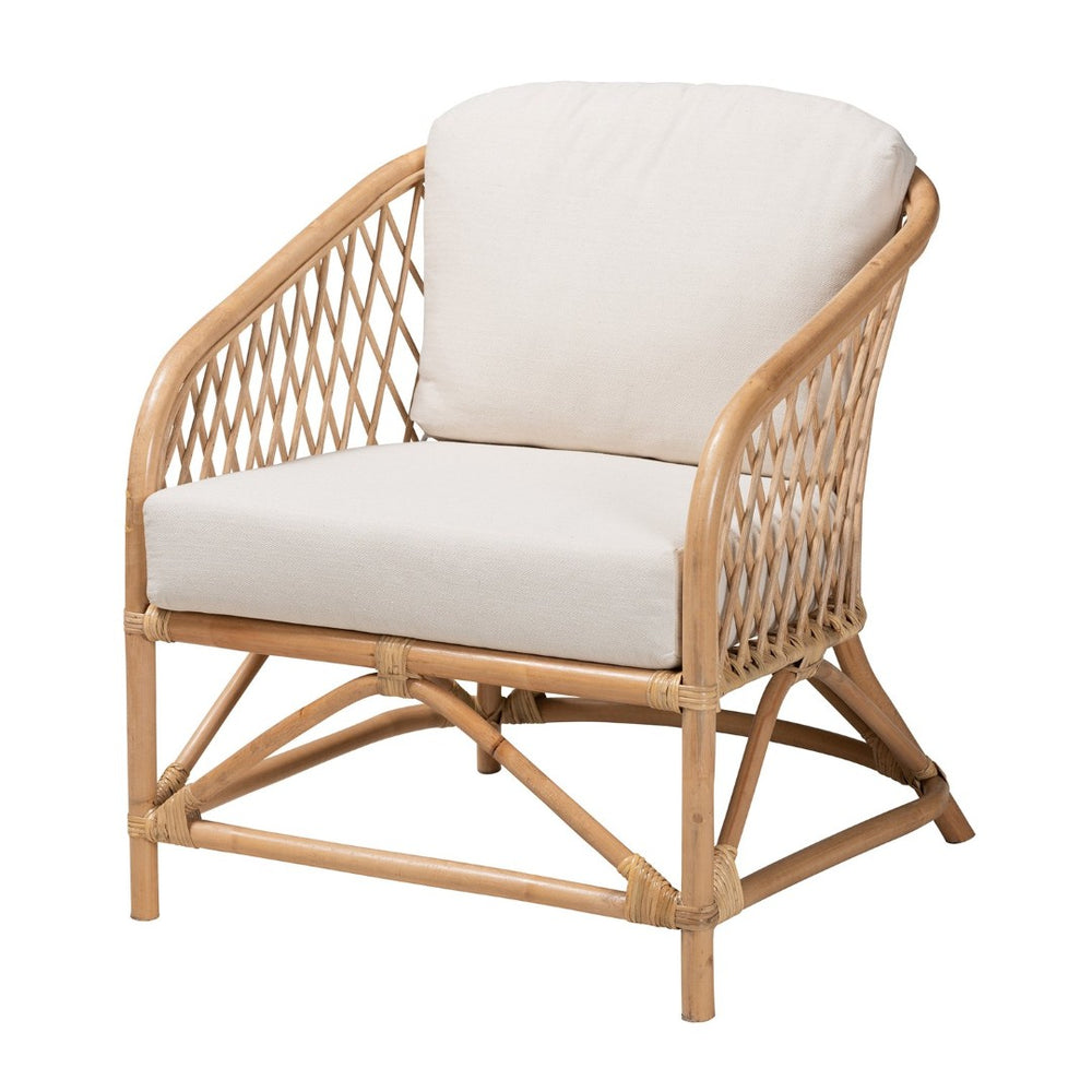 Baxton Studio bali Patsy Modern Bohemian Armchair - Handcrafted Rattan Frame with Plush White Cushions for Comfort DC8038-Rattan-CC
