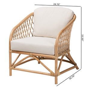 Baxton Studio bali Patsy Modern Bohemian Armchair - Handcrafted Rattan Frame with Plush White Cushions for Comfort DC8038-Rattan-CC
