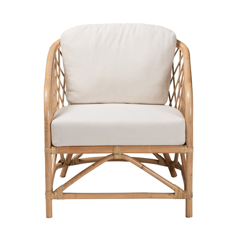 Baxton Studio bali Patsy Modern Bohemian Armchair - Handcrafted Rattan Frame with Plush White Cushions for Comfort DC8038-Rattan-CC