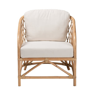 Baxton Studio bali Patsy Modern Bohemian Armchair - Handcrafted Rattan Frame with Plush White Cushions for Comfort DC8038-Rattan-CC