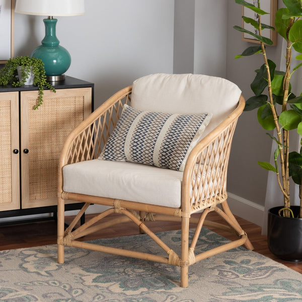 Baxton Studio bali Patsy Modern Bohemian Armchair - Handcrafted Rattan Frame with Plush White Cushions for Comfort DC8038-Rattan-CC
