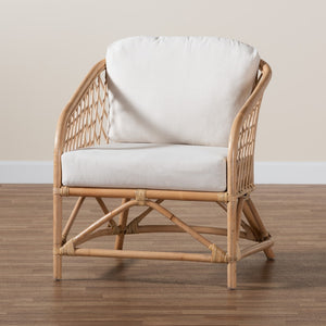 Baxton Studio bali Patsy Modern Bohemian Armchair - Handcrafted Rattan Frame with Plush White Cushions for Comfort DC8038-Rattan-CC